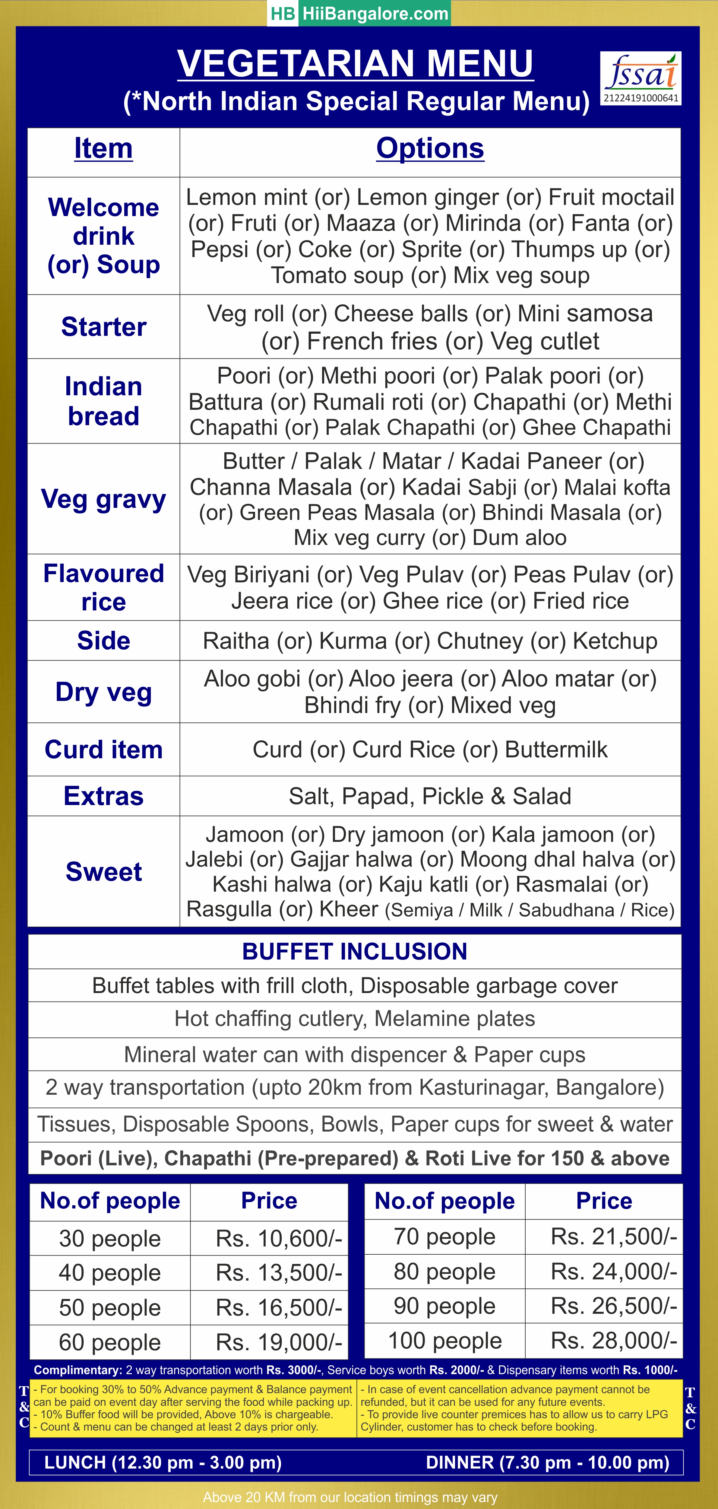 Simple North Indian catering menu Bangalore