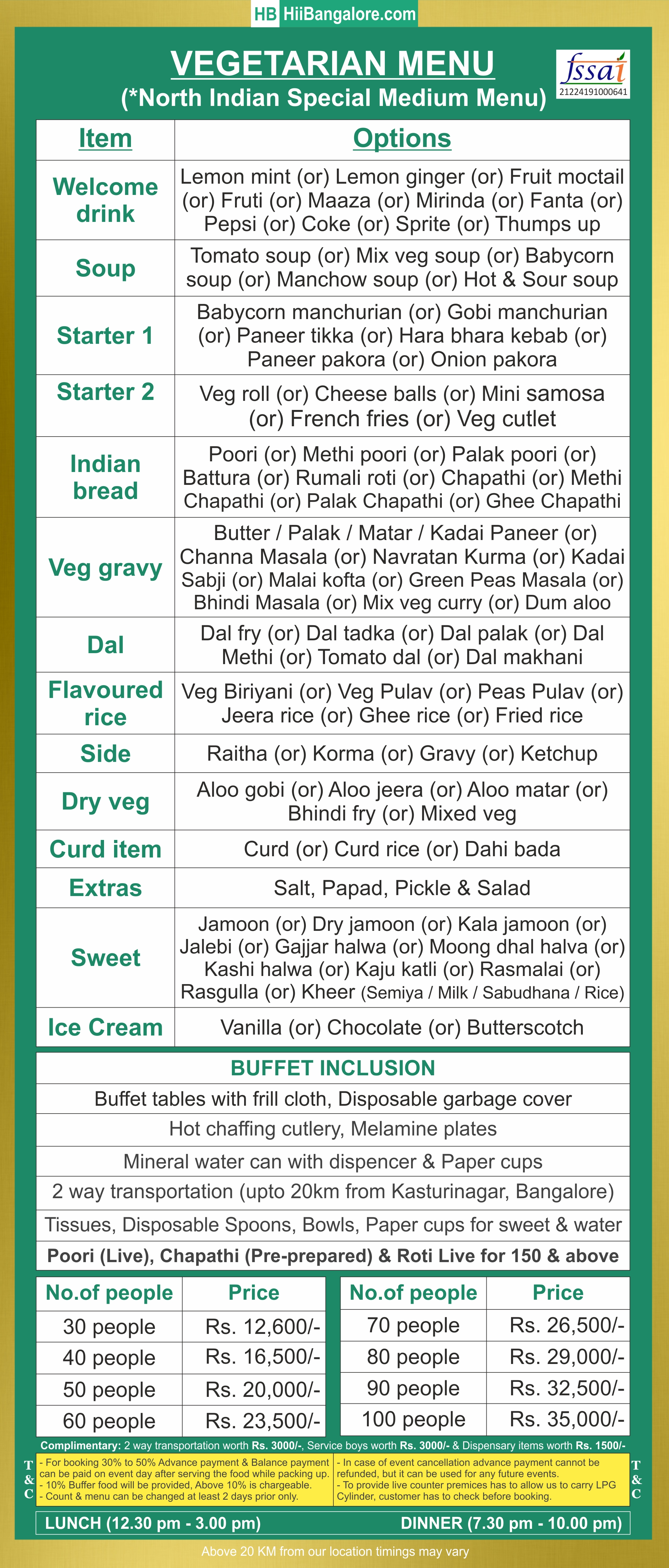 North Indian medium catering menu bangalore