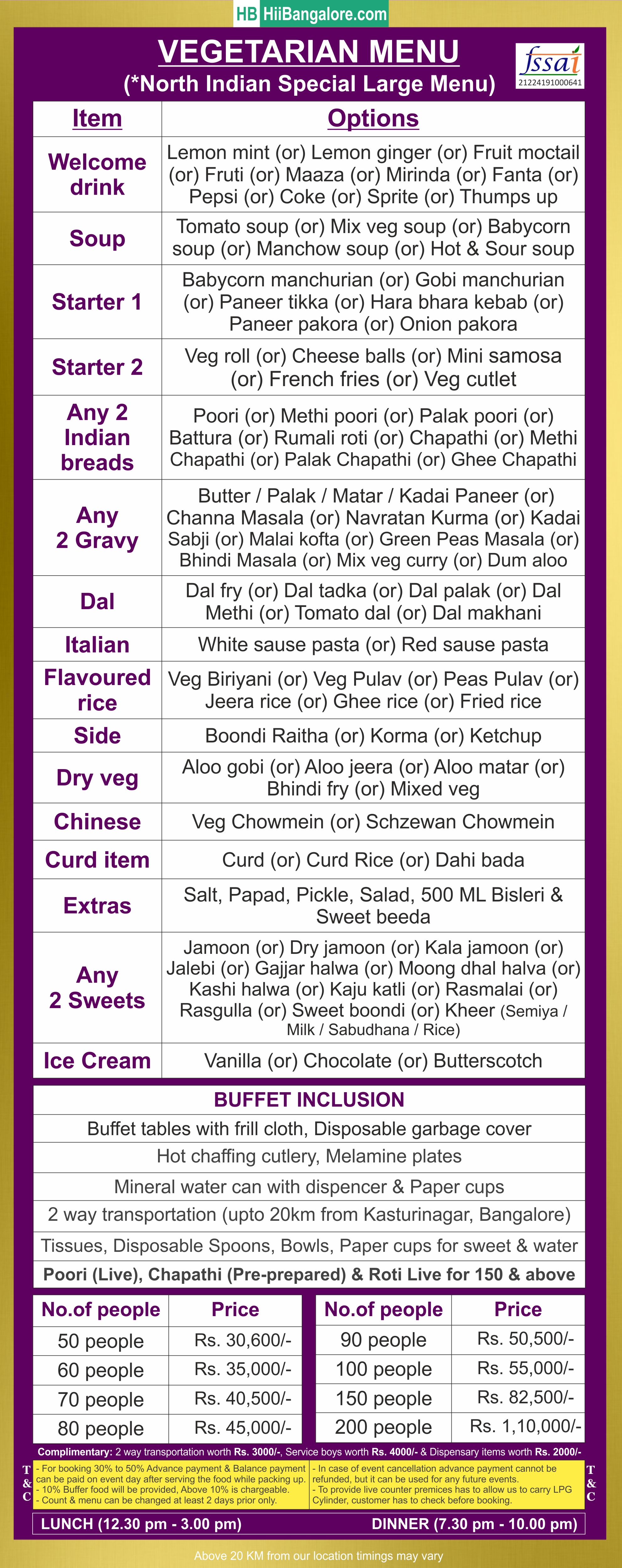 Large North Indian catering menu bangalore