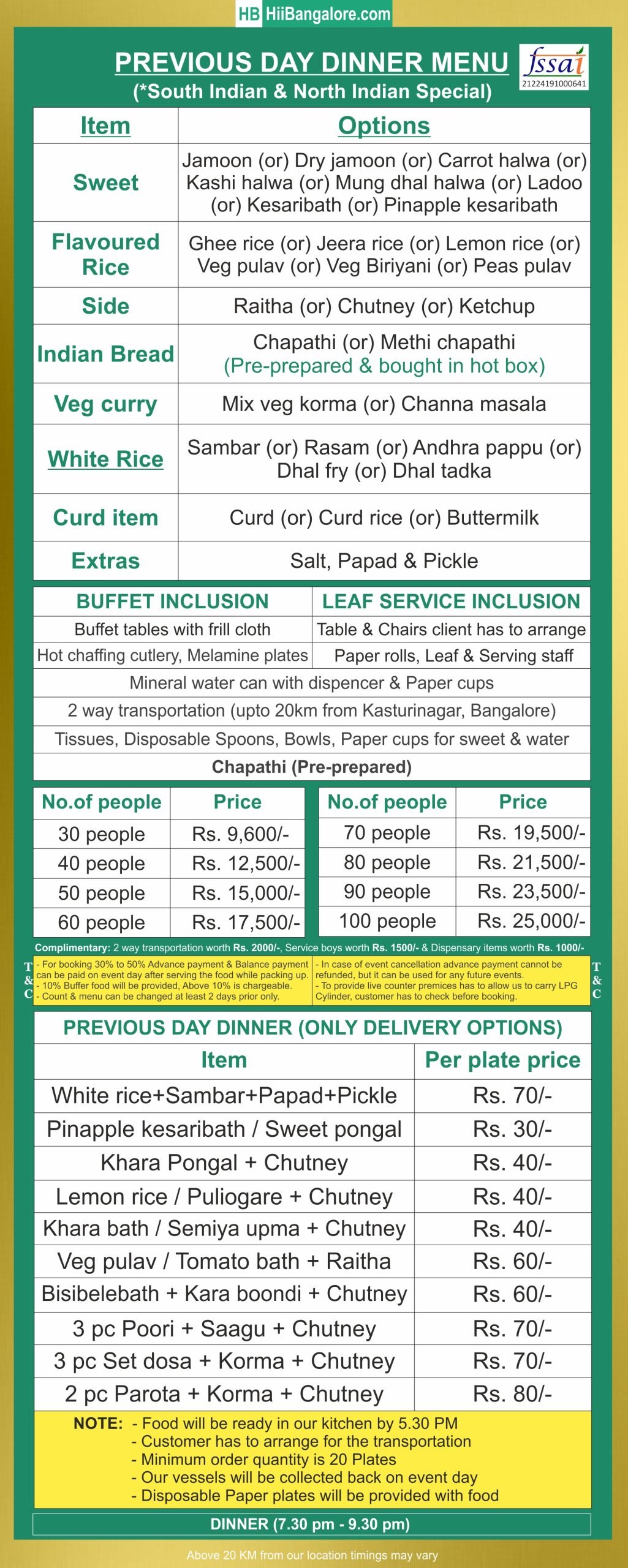 best Previous day dinner catering menu bangalore