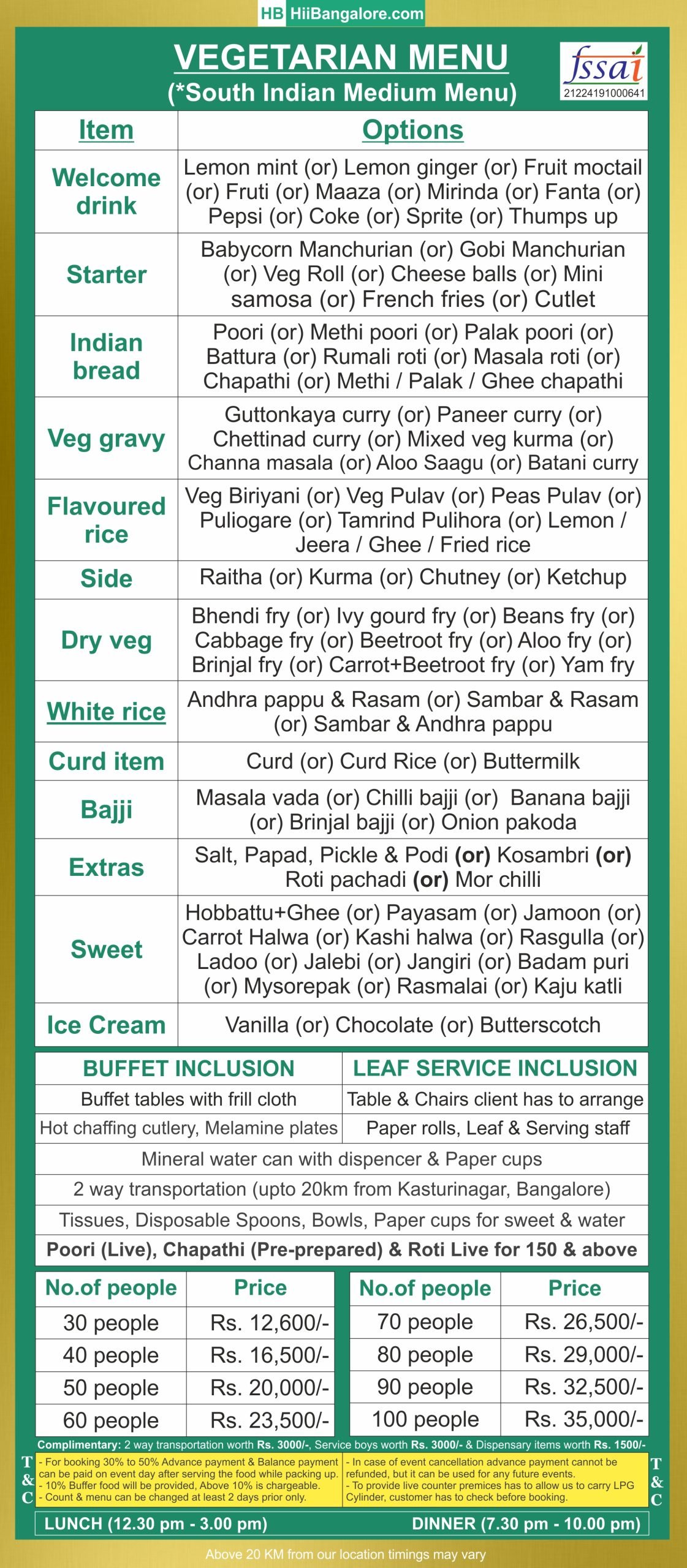 best South Indian medium catering menu bangalore