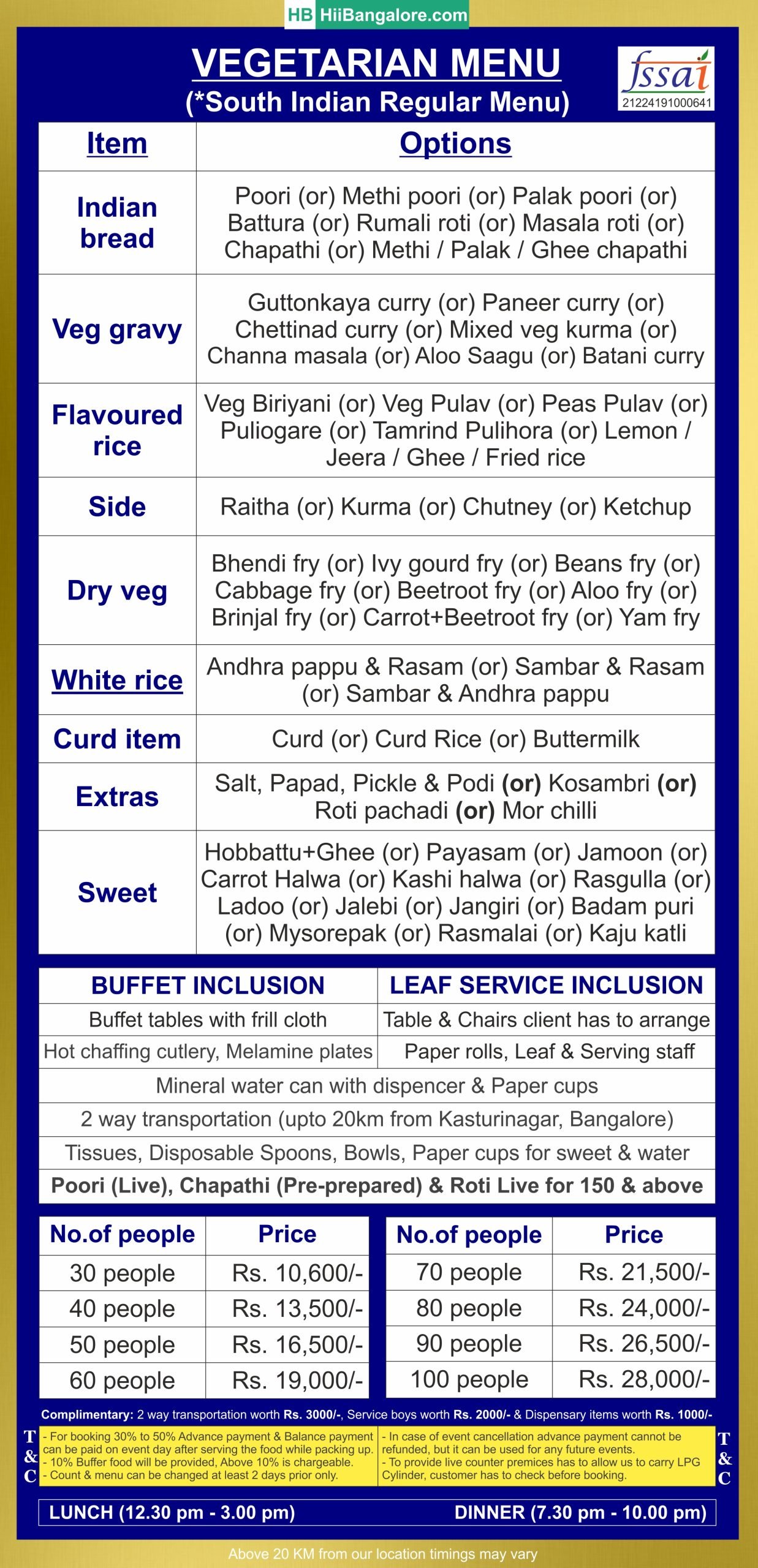 best South Indian regular catering menu bangalore