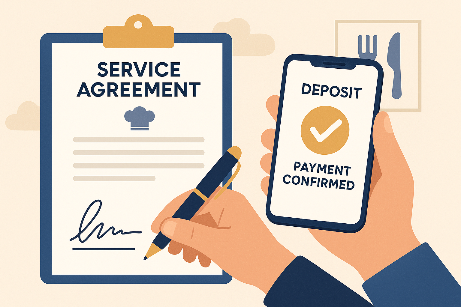 Flat-style illustration of signing a service agreement and confirming a deposit payment for catering services Bangalore and catering services near me, showing a clipboard with contract and smartphone payment confirmation