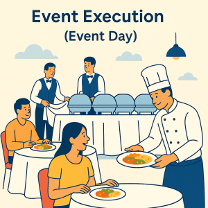 Flat-style illustration of event execution for catering services Bangalore and catering services near me, showing a chef serving plated food to guests and servers preparing a buffet table