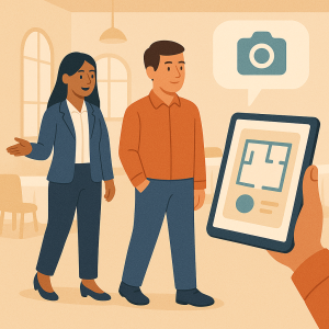 Flat-style illustration of a site visit and virtual walkthrough for catering services Bangalore and catering services near me, showing a catering manager and client touring a venue with a tablet displaying the floor plan