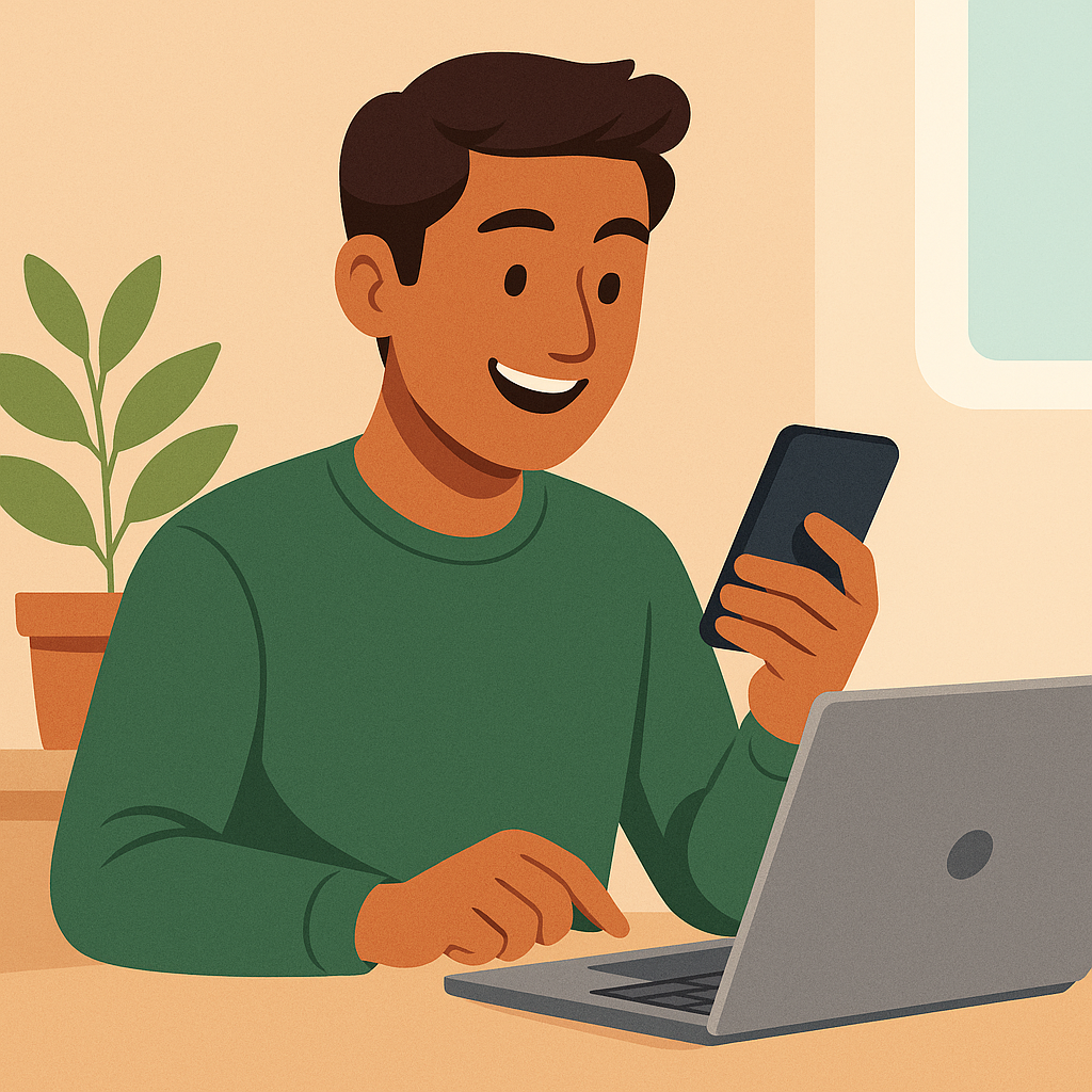 Illustration of a person making an online enquiry for catering services Bangalore and catering services near me on a laptop and smartphone.