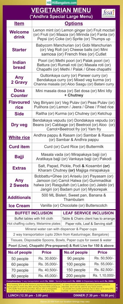 Andhra style large catering menu in Bangalore featuring a wide variety of authentic traditional Andhra dishes for events