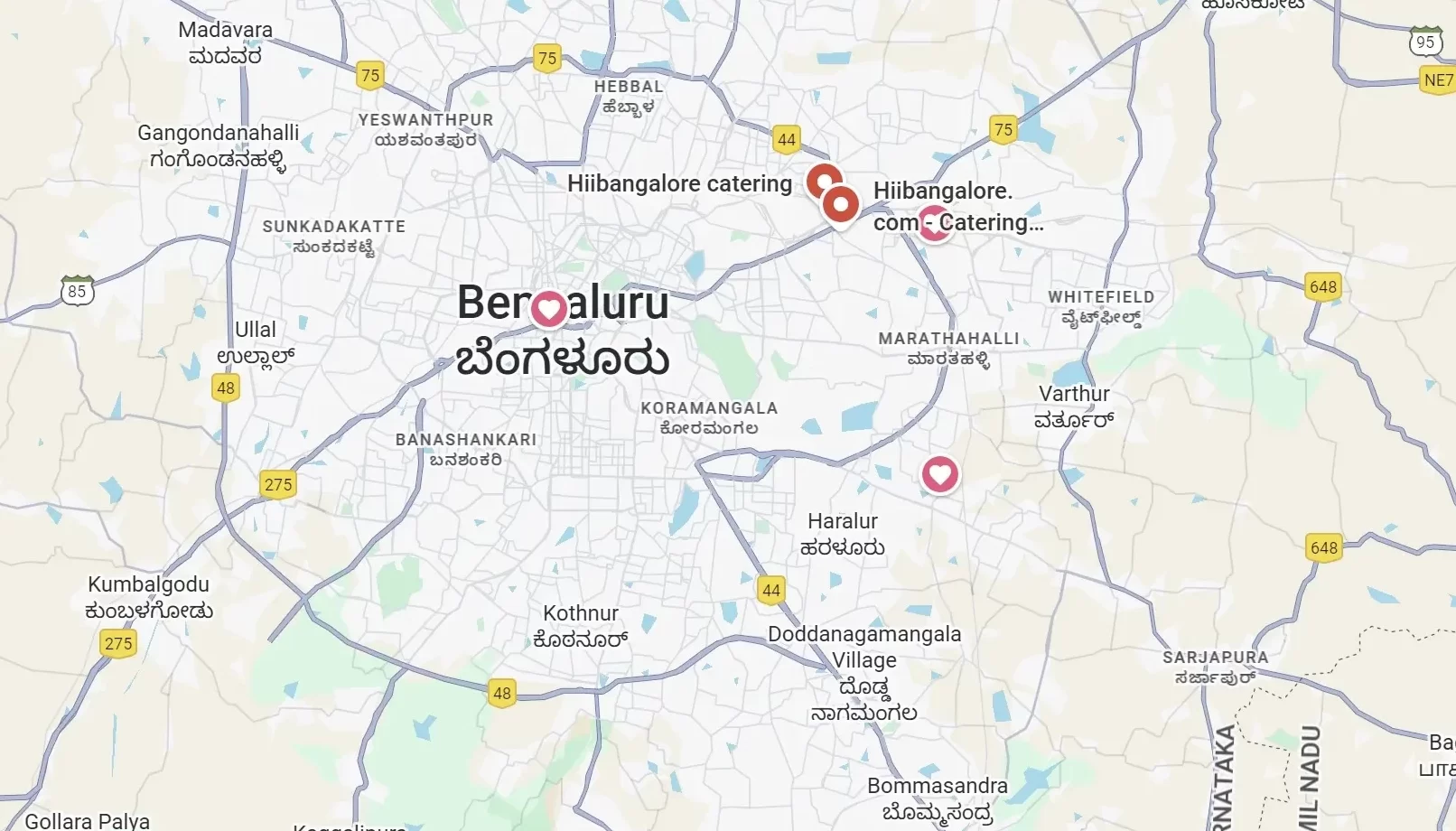 Map showing service areas for Andhra style catering services in Bangalore