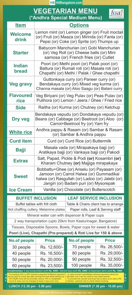 Andhra special medium catering menu in Bangalore with vegetarian dishes for weddings and events