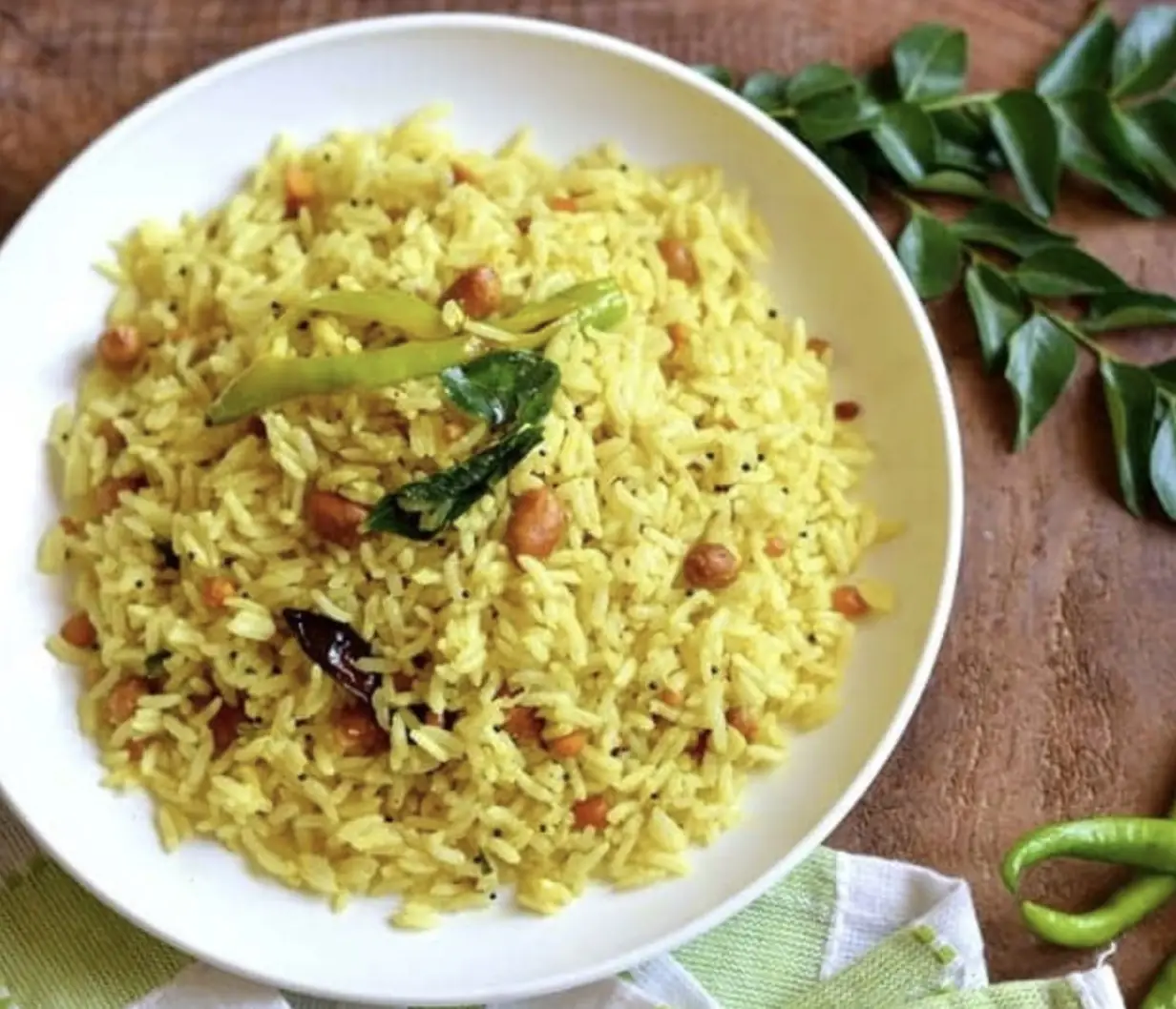 Traditional Andhra pulihora tamarind rice served for weddings and events by catering service in Bangalore