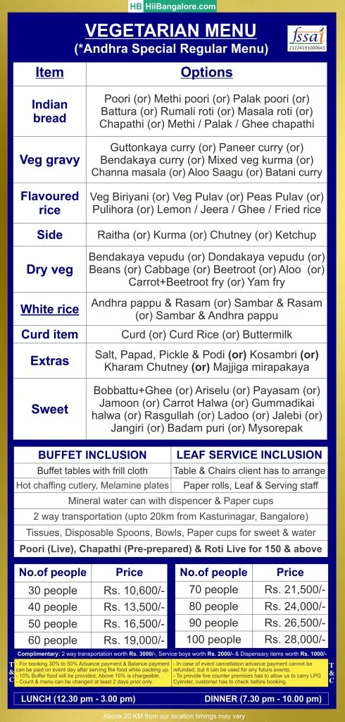 Andhra special regular catering menu in Bangalore featuring traditional vegetarian South Indian meals
