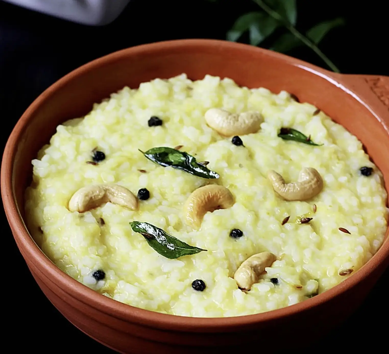 Andhra style ven pongal prepared with ghee and cashews for catering services in Bangalore