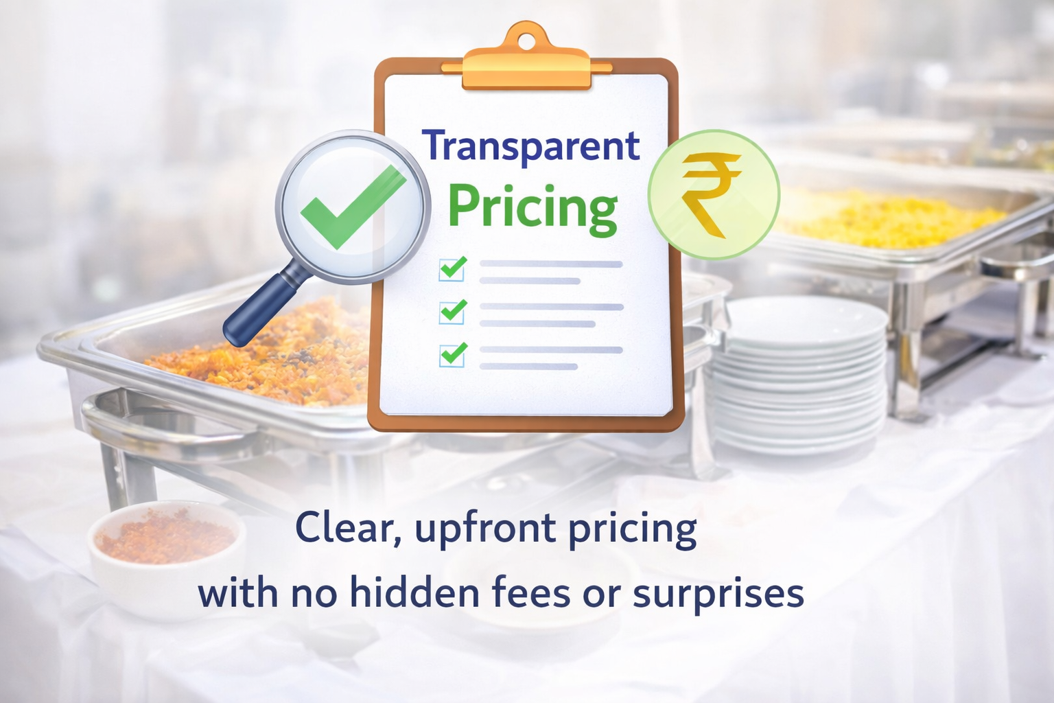 Transparent catering pricing graphic showing checklist, rupee symbol, and buffet setup with no hidden fees