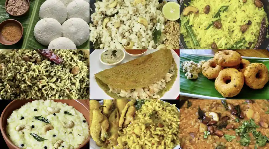 South Indian breakfast menu with idli, dosa, upma, chutney and sambar