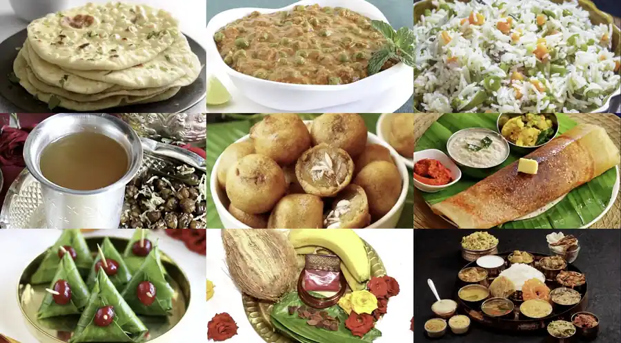 Grand vegetarian catering spread served on banana leaf with multiple dishes