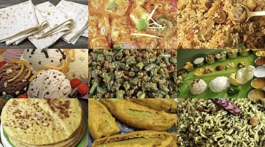 Vegetarian catering spread with variety rice, gravies, fry items and sweets