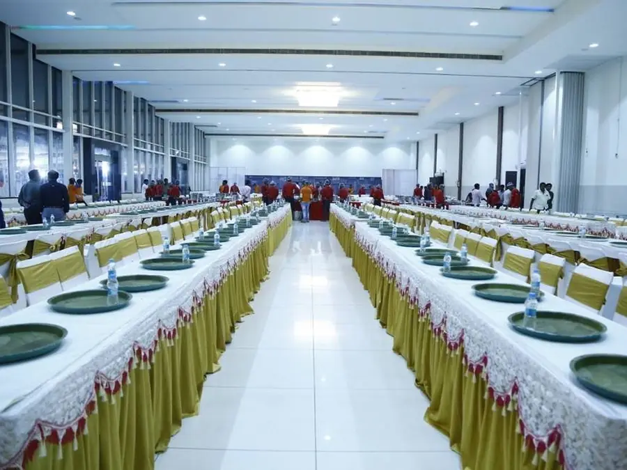 Banquet hall catering service in Bangalore with vegetarian buffet setup for weddings and special events