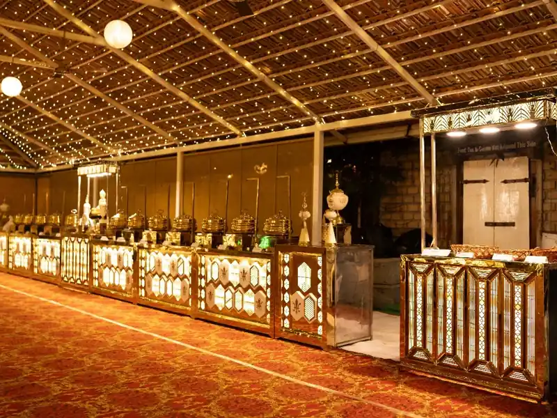 Elegant banquet hall catering buffet setup with decorative food counters for events