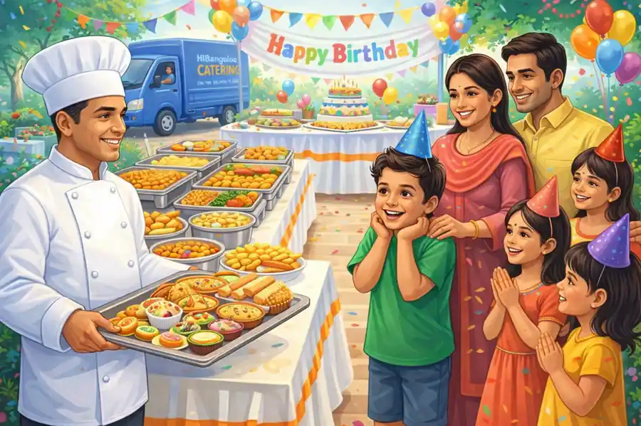 Birthday party catering buffet with kids enjoying snacks and desserts