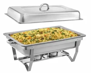 Vegetarian buffet catering setup with veg biryani in chafing dish for price estimation in Bangalore
