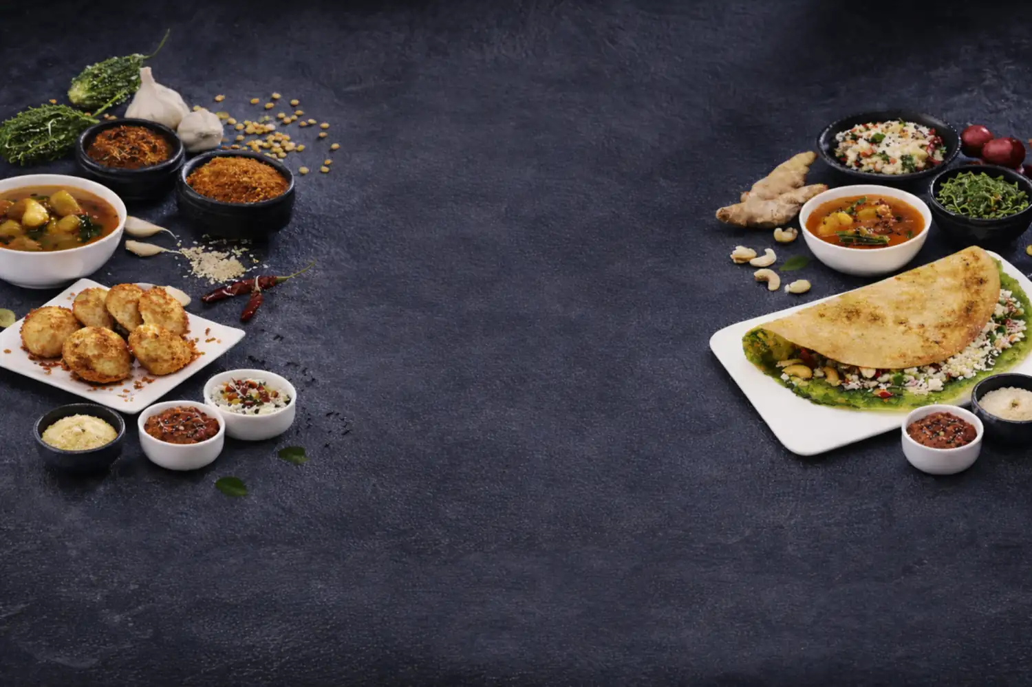 Indian vegetarian dishes displayed on both sides with empty dark center space for form overlay