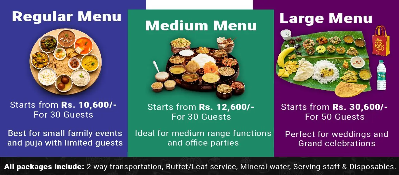 Vegetarian catering price list showing regular, medium and large menu packages with prices for events in Bangalore