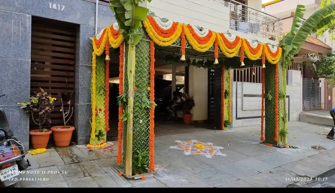 Marigold flower chappara decoration for traditional house warming ceremony