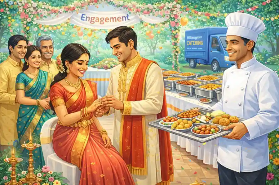 Engagement ceremony with couple exchanging rings and catering buffet setup