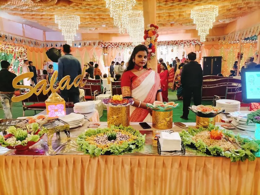 Engagement function catering service in Bangalore with vegetarian buffet and professional food service setup