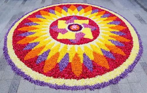 Flower rangoli arranged for housewarming ceremony in Bangalore