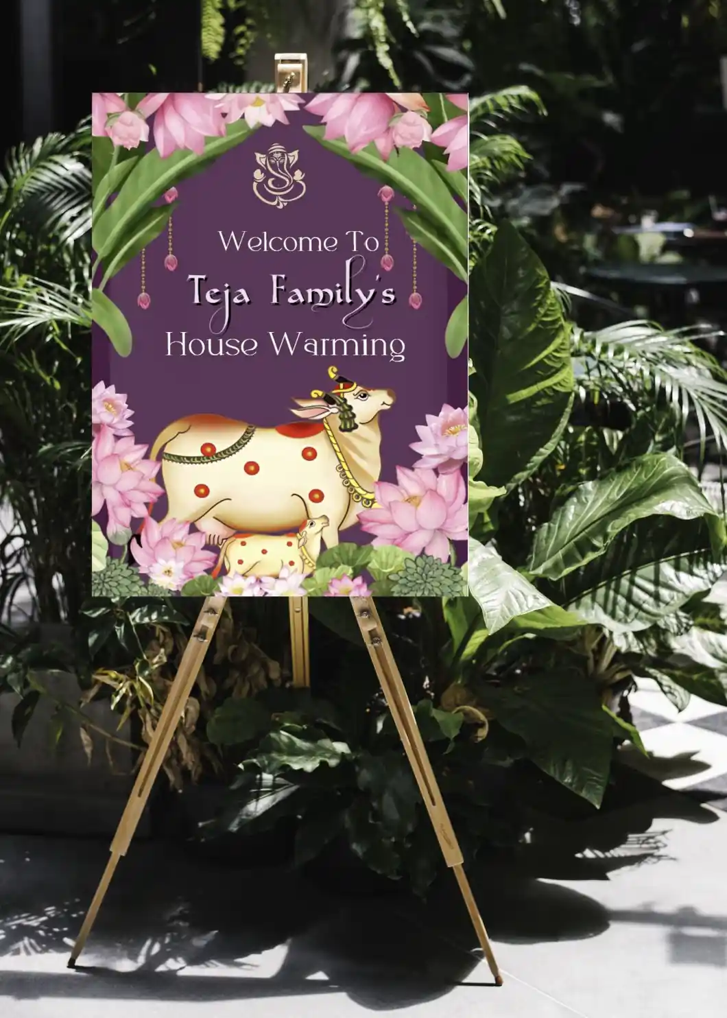 Griha pravesh welcome board with floral decoration