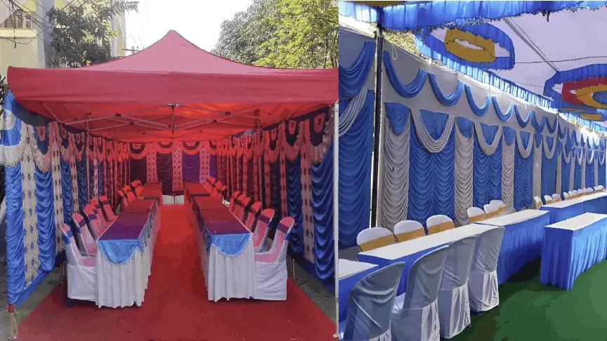 Gruhapravesha tent house services in Bangalore with traditional shamiana, seating arrangement and decorative fabric setup