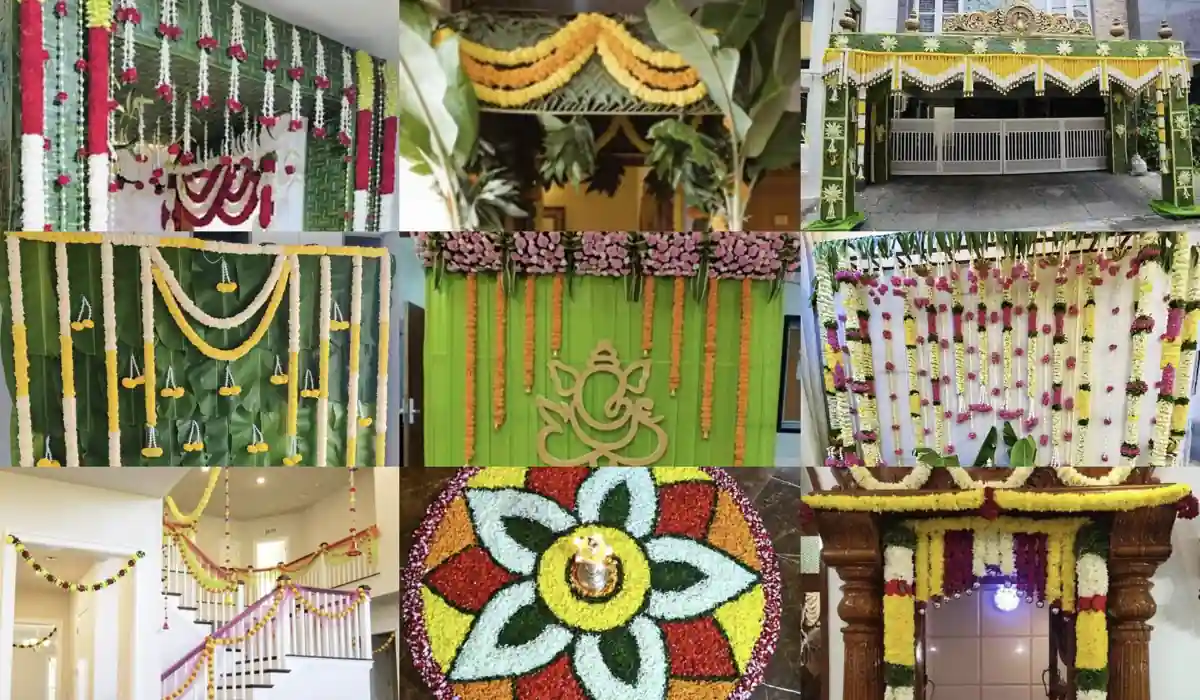 Gruhapravesham flower decorations in Bangalore for housewarming ceremony with traditional floral backdrop, rangoli, and entrance decor