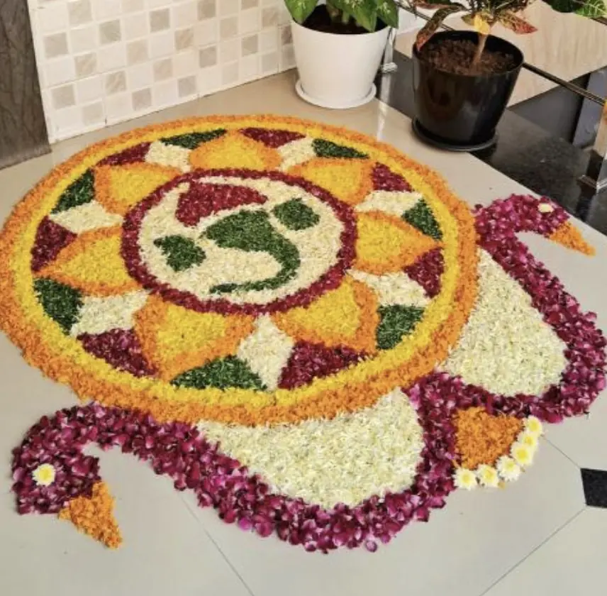Traditional flower rangoli pattern for gruhapravesham