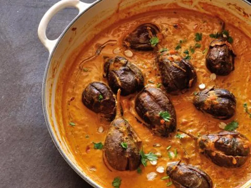 Traditional Andhra style gutti vankaya curry made with stuffed brinjal in spicy gravy