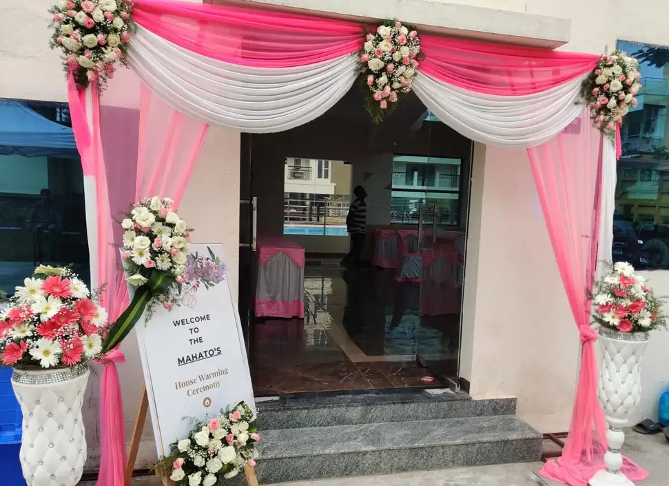 House warming main entrance decorated with fresh flowers in Bangalore