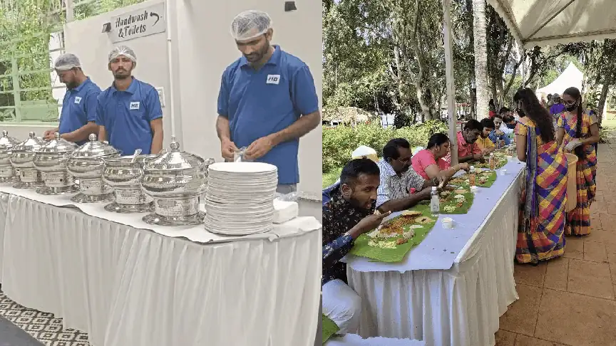 Housewarming catering services in Bangalore serving professional buffet and traditional banana leaf meals