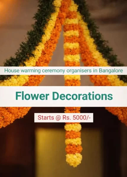 Housewarming Flower Decorations in Bangalore – Mobile View Traditional marigold flower decorations for housewarming ceremony in Bangalore