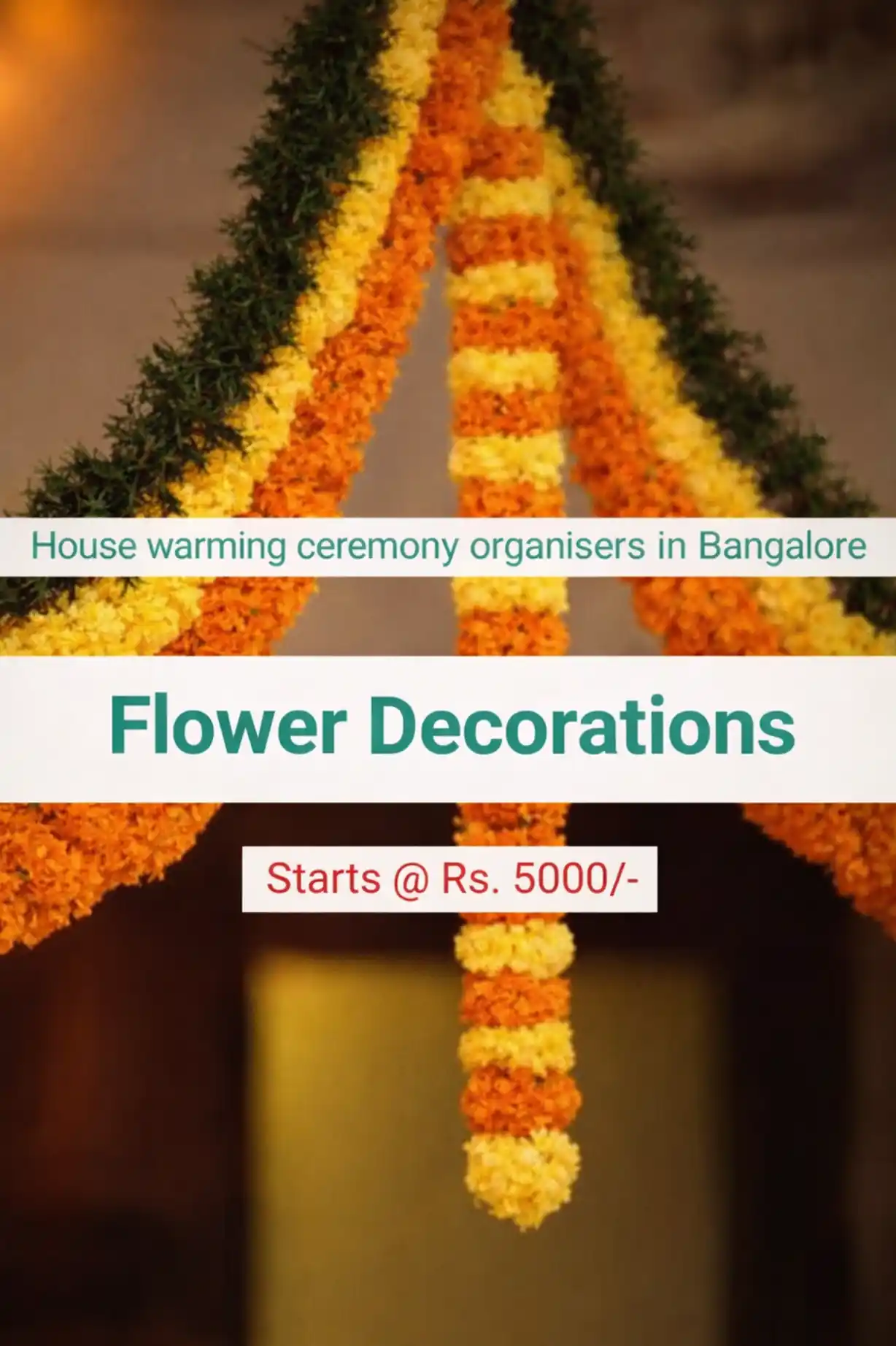 Traditional marigold flower decorations for housewarming ceremony in Bangalore
