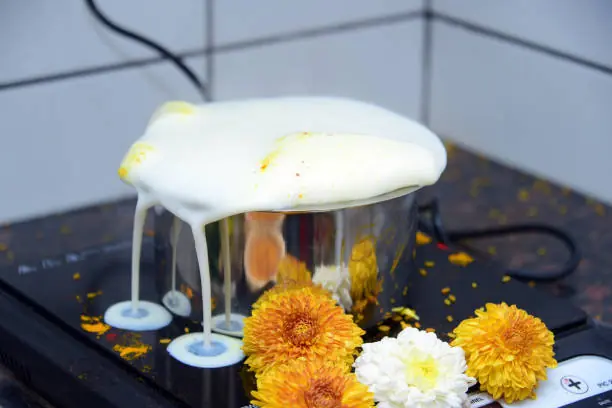 Traditional milk boiling ceremony during housewarming in Bangalore
