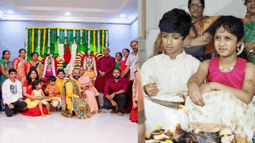 Professional housewarming photography in Bangalore capturing Gruhapravesham ceremony with family rituals and traditional moments