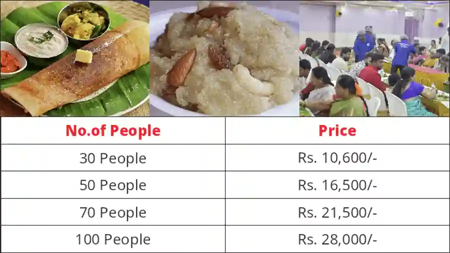 Karnataka style vegetarian catering menu with price list for 30 to 100 people in Bangalore