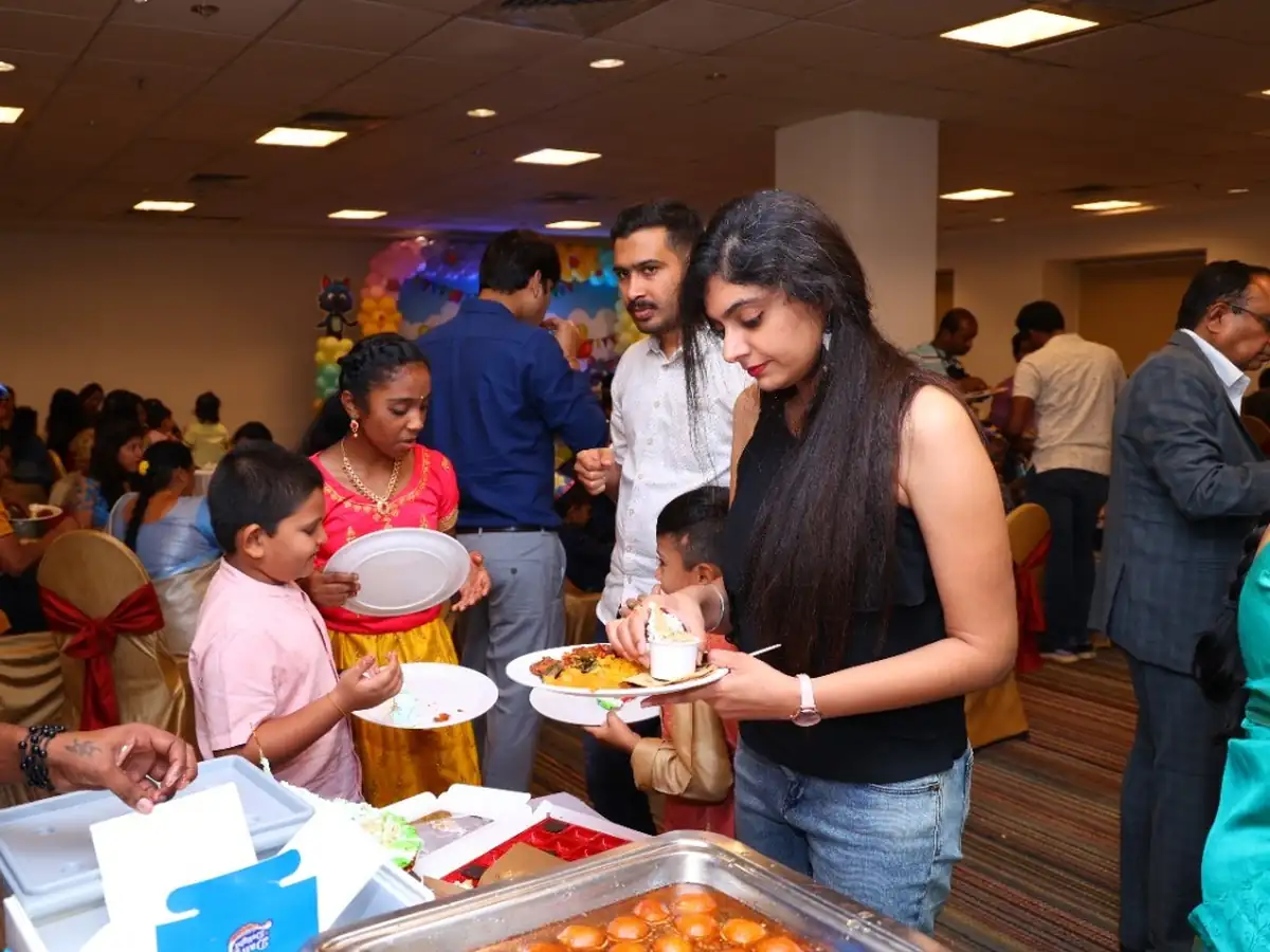 Kids birthday food catering in Bangalore with buffet setup and dessert counter served at a birthday party