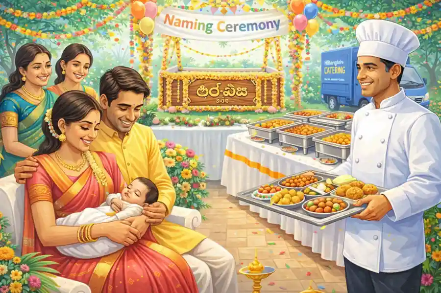 Parents holding newborn baby during naming ceremony with catering buffet