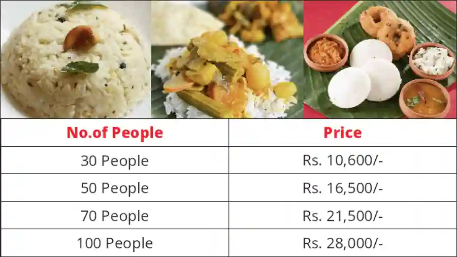 Tamil Nadu style vegetarian catering menu with price list for 30 to 100 people in Bangalore