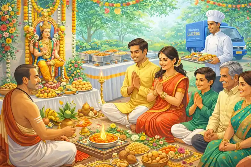Traditional puja catering setup with priest performing rituals and vegetarian food served