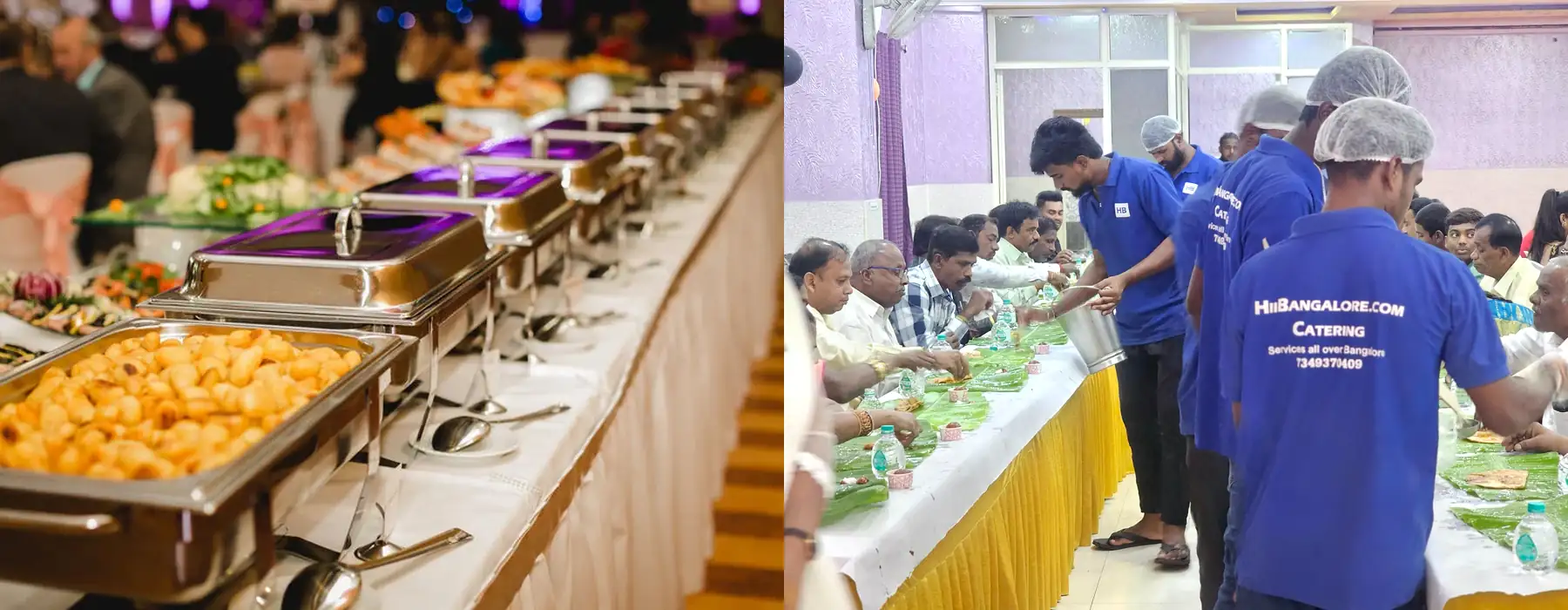 pure veg catering services in bangalore with buffet setup and traditional banana leaf service