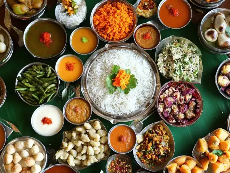 Grand vegetarian feast display with multiple South Indian dishes served on banana leaf