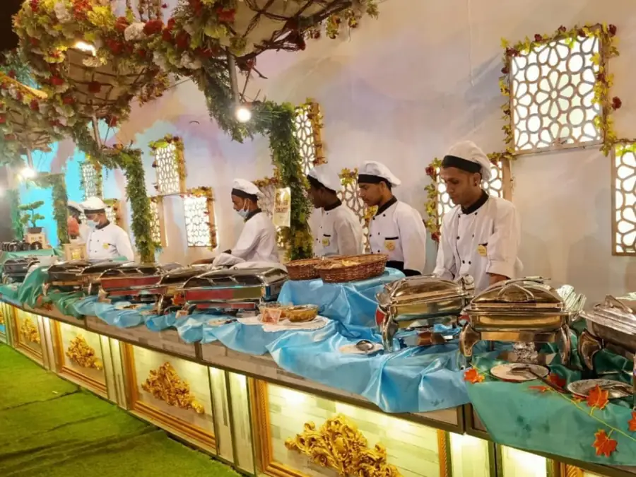 Wedding buffet setup in Bangalore featuring premium vegetarian dishes and elegant food counters