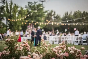 Outdoor anniversary celebration setup with elegant décor and guest seating arranged by anniversary event organisers in Bangalore
